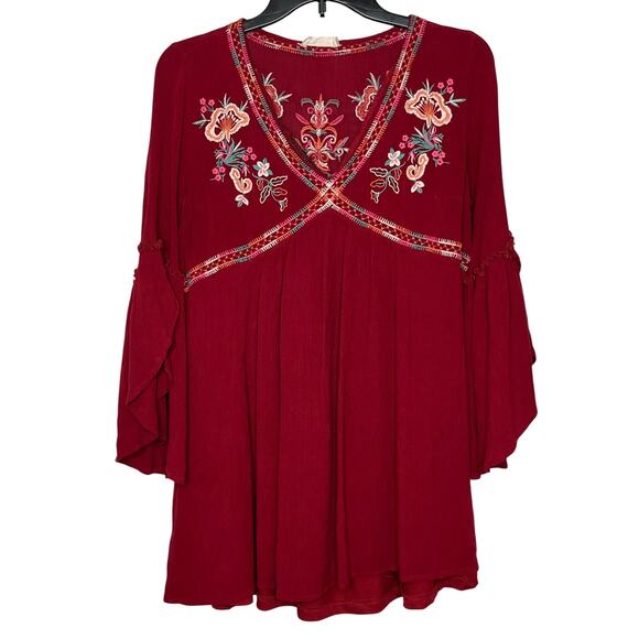 Altar’d State Wine Red V Neck Embroidered Boho Floral Mini Dress Small - Picture 1 of 8